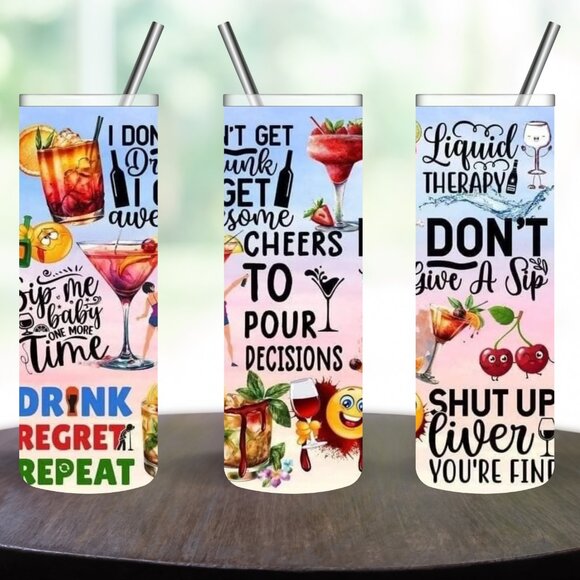 Sublimation "Cheers to Pour Decisions" Stainless Steel 20oz Skinny Tumbler - Picture 1 of 5
